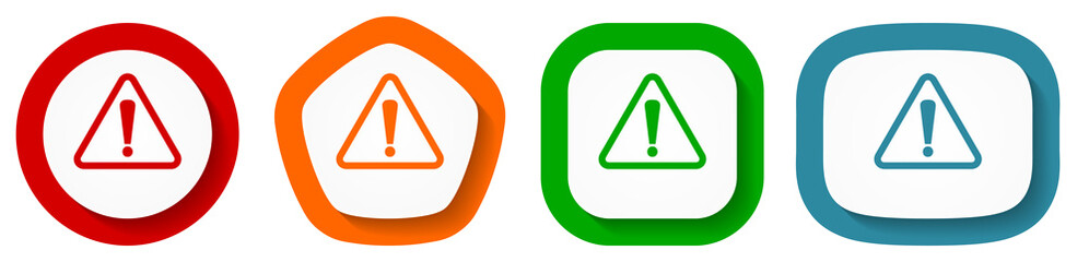 Fototapete - Warning, danger, caution vector icon set, flat design buttons on white background
