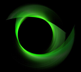 Two luminous green planes go around a circle, intersect and form a round frame on a black background. Graphic design element. 3d rendering. 3d illustration. Sign, icon, symbol, logo.