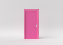 Closed Pink Door On White Background. Minimal Concept Idea Creative. Monochrome. 3D Render.
