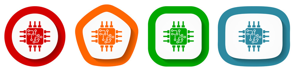 Leinwandbilder - Circuit, technology, chip, processor vector icon set, flat design buttons on white background