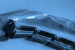 Negatives of old black and white photographic films on blue background. Photo, movie, cinema concept