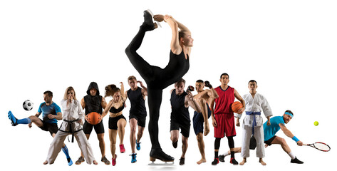 Poster - Sport collage. Tennis player, soccer, figure skating, taekwon-do, karate, MMA, basketball