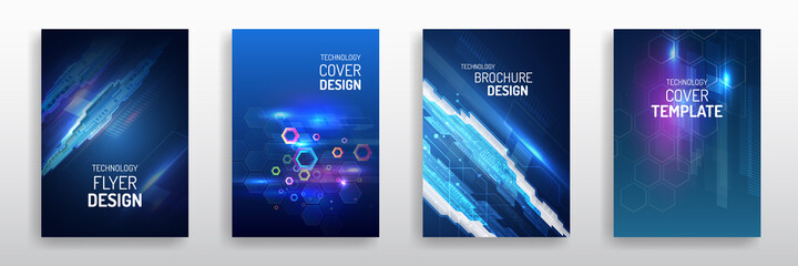 Fototapete - Blue layout futuristic brochures, flyers, placards. Contemporary science and digital technology concept. Vector template for brochure or cover with hi-tech elements background.