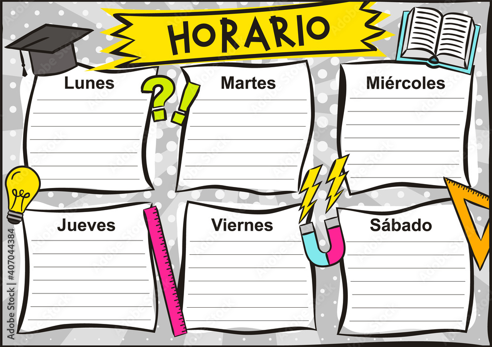 Spanish Bright template of a school schedule for 6 days of the week for ...