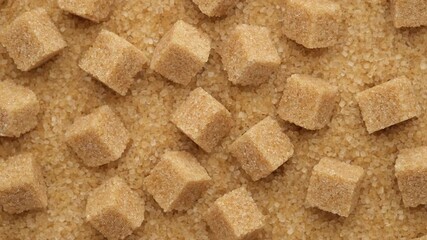 Wall Mural - brown sugar cubes top view rotation. Demerara golden brown sugar