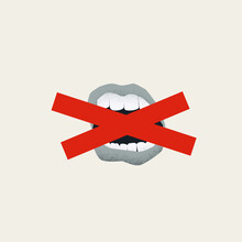 Censorship Vector Concept With Mouth And Tape Over It. Vintage Minimal Design Style Symbol.