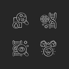 Sticker - Microbiology chalk white icons set on black background. Genetic engineering. DNA structure. Selective breeding. Genetic research. Laboratory research. Isolated vector chalkboard illustrations