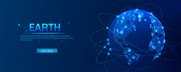 Poster - vector. planet earth from space. flickering lights of cities. map of the mainland. global communicat