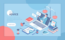 Legal Advice And Aid. Online Services. A Professional Lawyer Gives Consultation Through A Laptop. Law And Justice Concept. Isometric Vector Illustration For Poster, Presentation, Banner, Website. 