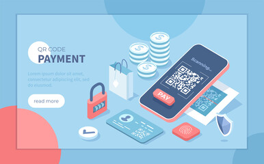 QR Code Payment. Mobile phone scans QR code. Barcode on smartphone screen. Fast cashless payments for goods and services. Isometric vector illustration for poster, presentation, banner, website. 