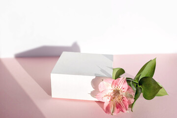 White stand with flowers for presentation and exhibitions on pink background. Abstract trendy podium for organic cosmetic products. Minimal style.