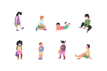 Poster - kindergarten children flat color vector faceless characters set. preschool kids in medical mask. new