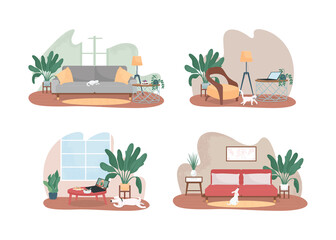 Fototapete - Contemporary home space 2D vector web banner, poster set. Trendy house interior flat scene on cartoon background. Lounge area, freelancer workspace printable patch, colorful web element collection