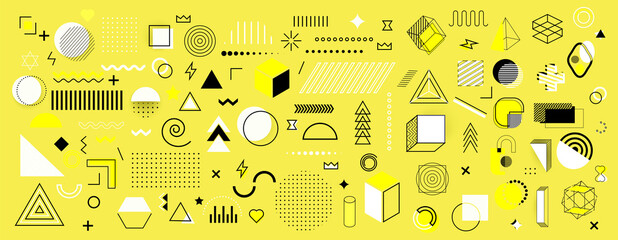 Aufkleber - Abstract geometric shapes. Circle and triangle, graphic 90s funky memphis ornaments, abstract design elements. Collection trendy halftone vector geometric shapes. Vector illustration