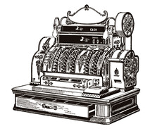 Antique Mechanical Cash Register With Open Drawer, In Three-quarter Front View, After Engraving From Early 20th Century