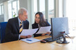© Mangostar - Consultant explaining document details to client at workplace. Serious business leader consulting financial or legal expert. Teamwork or cooperation concept