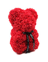 Red Bear Of Roses Isolated On White Background Valentine Day Gifts For Her. Present For Women.