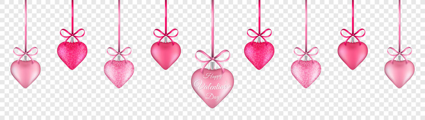 Wall Mural - Valentines day hearts hanging decoration with ribbon and bows isolated on transparent background