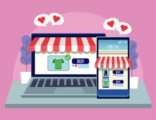 Poster - online shopping technology in smartphone and laptop with hearts