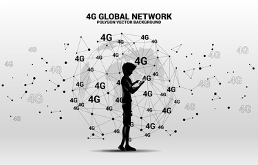 Wall Mural - Silhouette of man use mobile phone with Polygon dot connect line with 4G around world map globe. Concept for mobile phone data sim card technology.