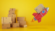 © alphaspirit - Rocket with attached package is ready to start. Concept of fast and priority delivery. Yellow background
