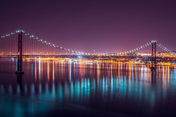 Wall Mural - incredible night landscape. Night road bridge and starry sky. bridge over the river at night. night photo of nature