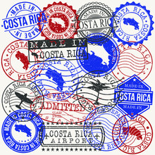 Costa Rica Set Of Stamps. Travel Passport Stamps. Made In Product. Design Seals In Old Style Insignia. Icon Clip Art Vector Collection.