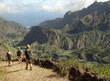 Small hiking group, Cape Verde, Santo Antao island, dramatic landscape.