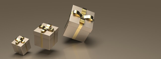 Wall Mural - Gold closed gift boxes with gold ribbon on black background. 3D illustration. 3D CG. 3D high quality rendering.