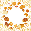 Bakery goods and ears wheat arranged in circle. Cartoon background for Menu Baking. Bread loaf and french baguette pretzel, muffin croissant, french baguette. Bakery pastry vintage vector illustration