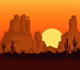 Fototapeta Pokój dzieciecy - wild west sunset scene with mountains and cactus