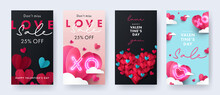 Set Of Happy Valentine's Day Vertical Banners, Sale Posters, Cards Or Flyers With Origami Hearts In Paper Cut Style. Design Template For Advertising, Web, Social Media, Stories Templates