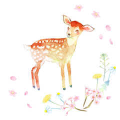  ＜水彩画セット素材＞微笑む子鹿のイラストと春の草花装飾枠のセット
