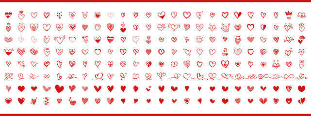 Red hearts. Big collection of red hearts hand-drawn. Set of scribble red heart icons isolated on white background. Love symbols. Vector illustration.