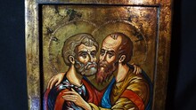 Saints Peter And Paul Apostles Christian Church Icon, Painting On Wood, Close Up