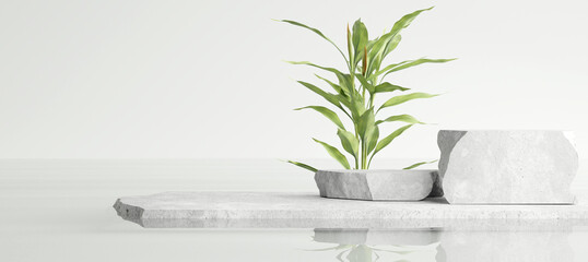 Fototapete - White stone podium, Cosmetic display product stand with water reflection and nature leaves background. 3D rendering