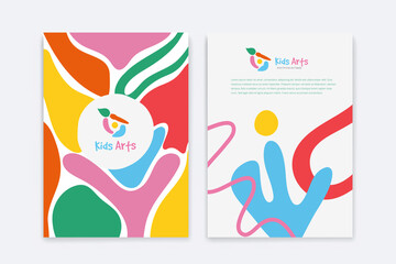 Kids Arts logo and stationery vector. Cute kids multi colored cover design for advertising brochure, Children pattern, kids menu, kindergarten poster, social media post, website background.