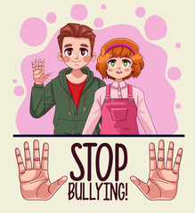 Wall Mural - young teenagers couple with stop bullying lettering and hands stoping