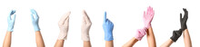 Gesturing Hands In Protective Medical Gloves On White Background