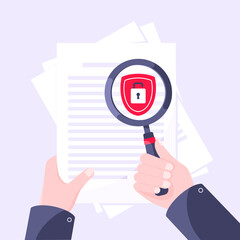 Wall Mural - Privacy policy, safety lock and data protection metaphor. Hand hold magnifier shield with padlock on the paper with personal data security protection symbol flat style design vector illustration.