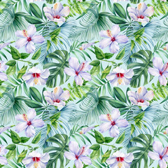 Wall Mural - Palm leaves, tropical flowers on blue background, watercolor botanical illustration. Seamless patterns. 