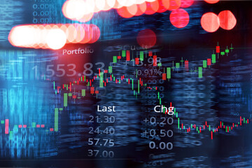 Wall Mural - graph line of trade stock market and index number on glow blur city light blue banner business background