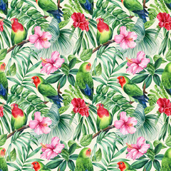 Wall Mural - Seamless patterns. Parrots lovebirds and palm leaves, tropical plants on white background, watercolor illustration