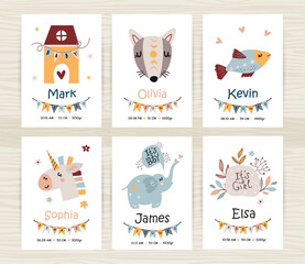 Wall Mural - Baby shower invitation templates with cute animals for girl and boy