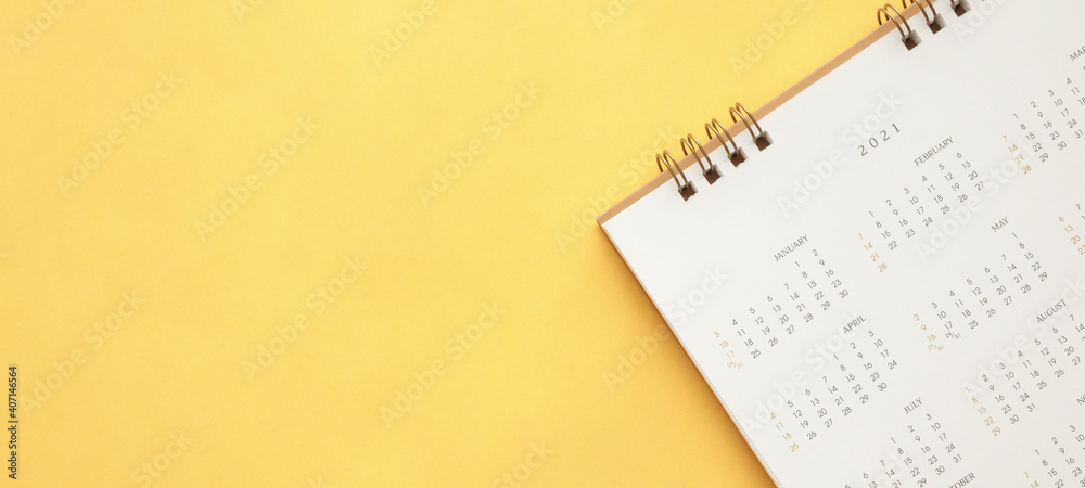 2021 calendar page on yellow color background business planning appointment meeting concept - obrazy, fototapety, plakaty 