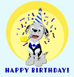 Paw Patrol Marshall is wishing you Happy Birthday!  Happy  dalmatian puppy with birthday horn and cap. Birthday card for a kid. Cartoon character.