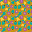 © aljna - Funny aliens with a flying saucer on a brown background seamless pattern.
