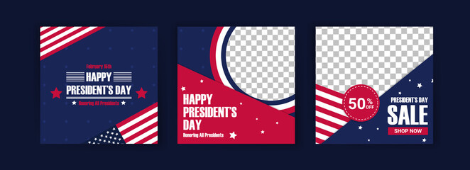 Wall Mural - US President's Day greeting card displayed with the national flag of the United States of America. Social media templates for US president's day.