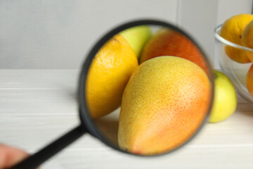 Wall Mural - view through magnifying glass on pears, closeup. poison detection