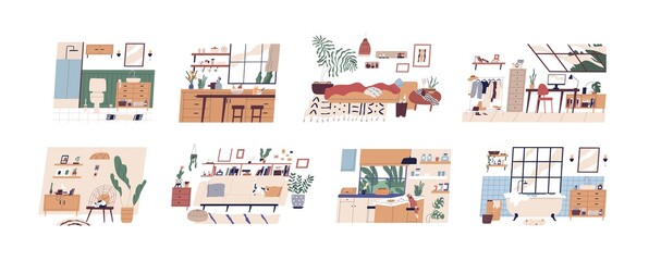 Poster - Set of scandi interiors isolated on white background. Cozy furnished rooms WC, bathroom, bedroom, living room, kitchen and workplace with houseplants and modern furniture. Flat vector illustration